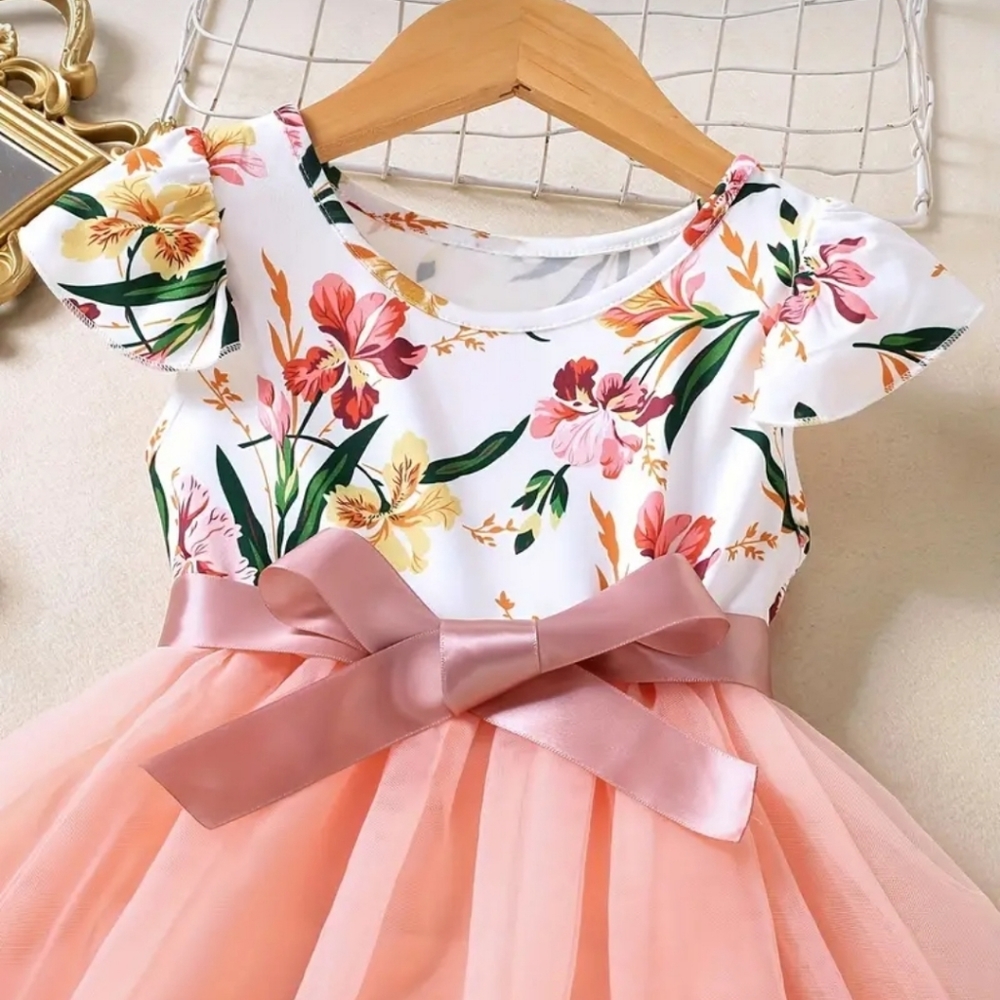 Floral Dress for Girls - Floral Ruffle Sleeves, Bow, Tulle Splicing